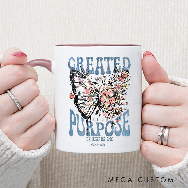 Personalized Created With a Purpose Bible Verse Christian Inner Color Ceramic Mug with Name Religious Gift Birthday Gift for Christian