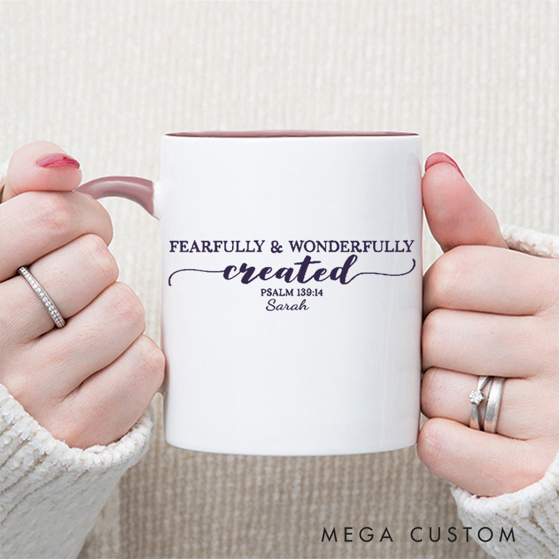 Personalized Psalm 139:14 Bible Verse Christian Inner Color Ceramic Mug with Name Religious Gift Birthday Gift for Christian