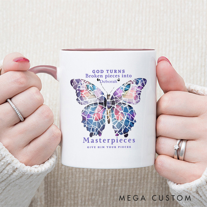 Personalized God Turns Broken Pieces Into Bible Verse Inner Color Ceramic Mug with Name Birthday Religious Inspirational Gift for Christian