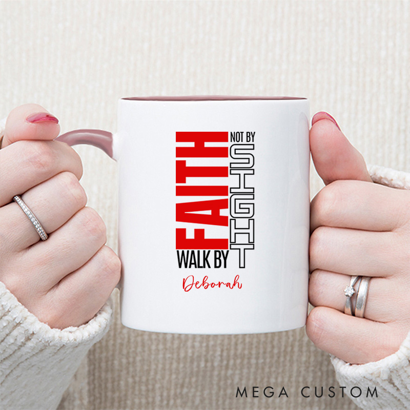 Personalized Christian Walk By Faith Not by Sight Ceramic Coffee Mug with Name Birthday Religious Baptism Gift for Family Friends Christians