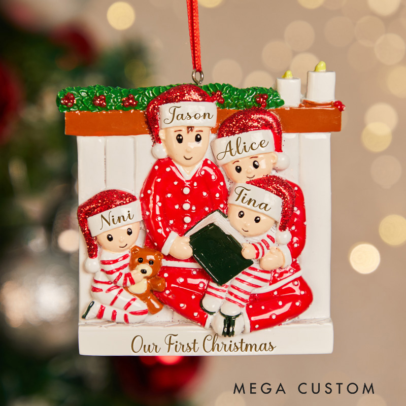 Personalized Reading Pajama Family of Four with Matching Pajamas Decorating Christmas Tree Ornament