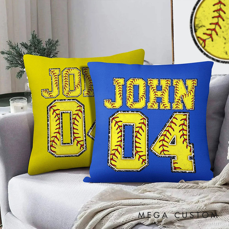 Personalized Multicolor Softball Throw Pillow with Custom Name and Number 
