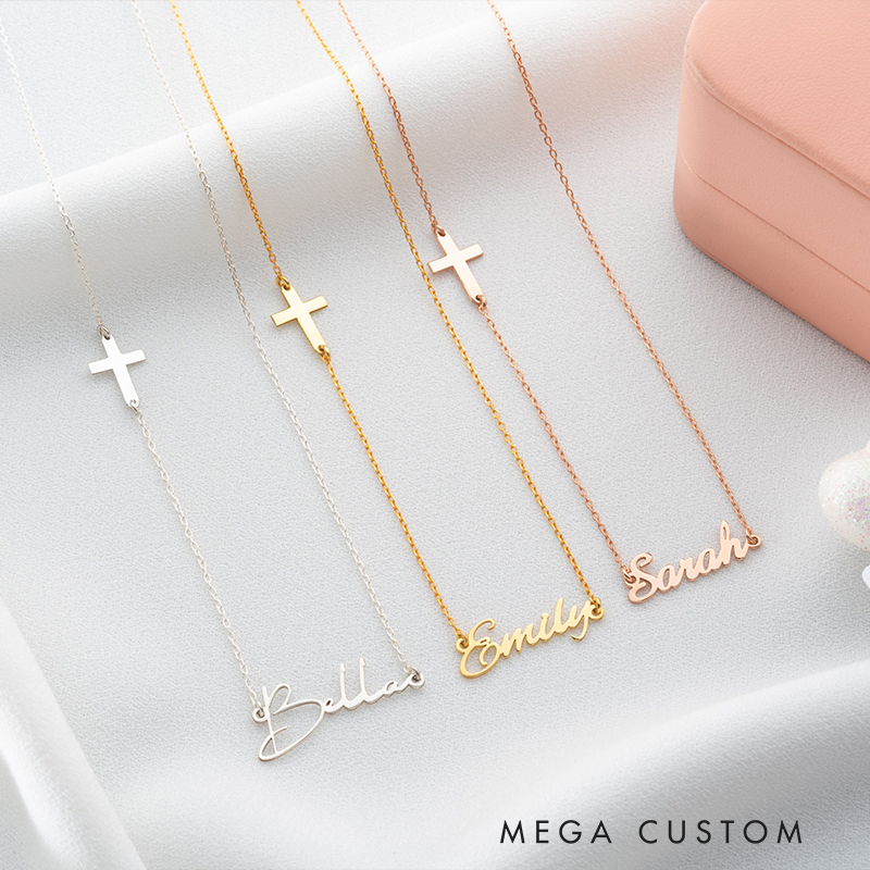 Personalized Sideway Cross and Name Pendant Necklace for Women Religious Jewelry Christening Baptism Gift for Women Christian Christmas Gift for Her
