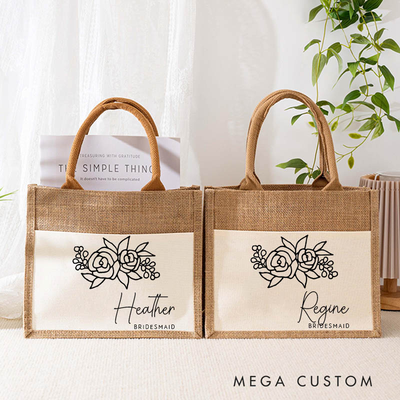 Personalized Bridesmaid Floral Burlap Tote Bag Bachelorette Party Tote Bag