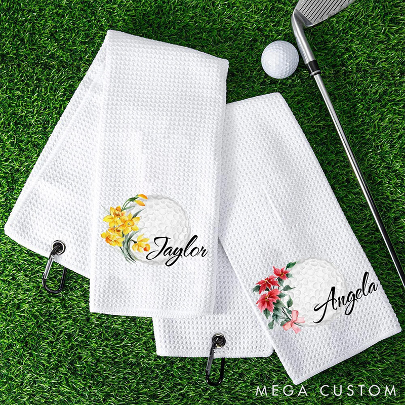 Personalized Soft Birth Flower Ladies Golf Towel with Custom Name Gift for Golf Lovers