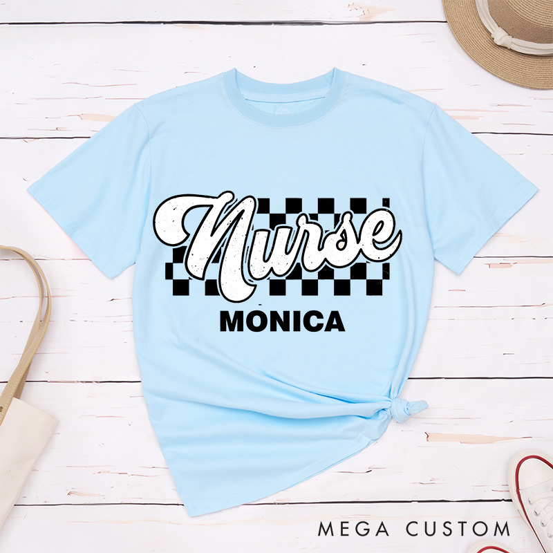Personalized Nurse T-Shirts Checkered Care Nurse in Style Fashion Design T-Shirts