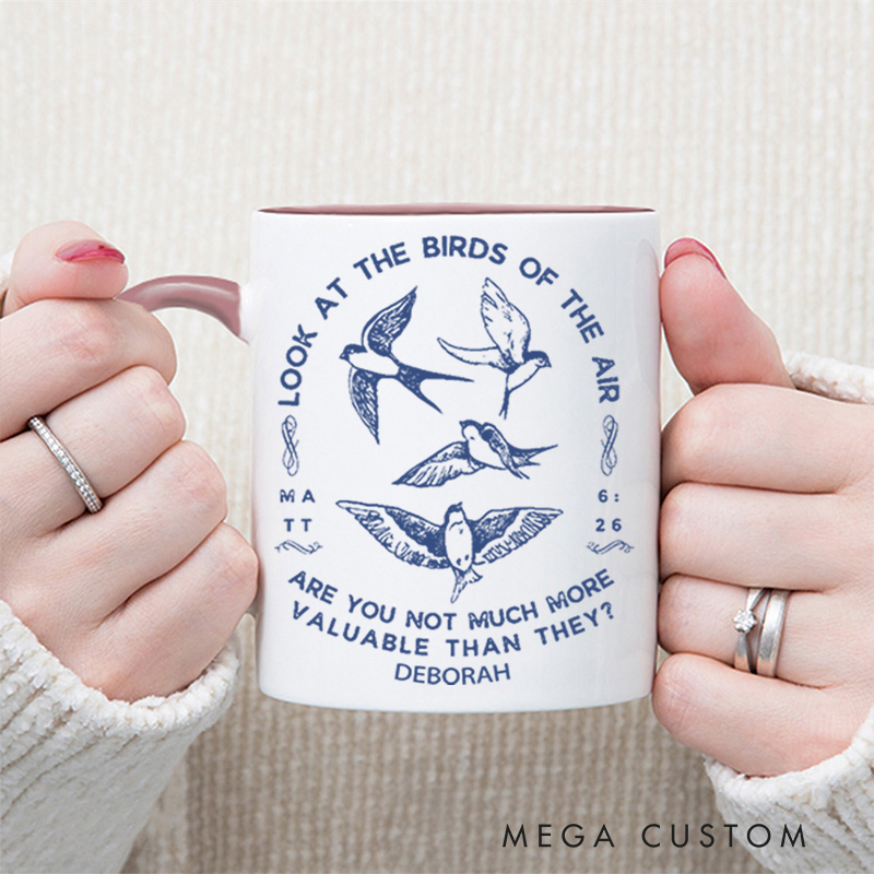 Personalized Matt 6:26 Bible Verse Inner Color Ceramic Mug with Name Birthday Christmas Gift for Christians Best Gift for Christians