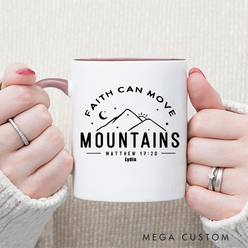 Personalized Faith Can Move Mountains Bible Verse Ceramic Inner Color Mug with Mountains and Stars Pattern Custom Name Mug Birthday Gift for Christians