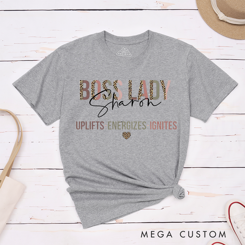 Personalized Leopard Print Retro Boss Lady T-Shirt She Uplifts Energizes Ignites Inspirational Design