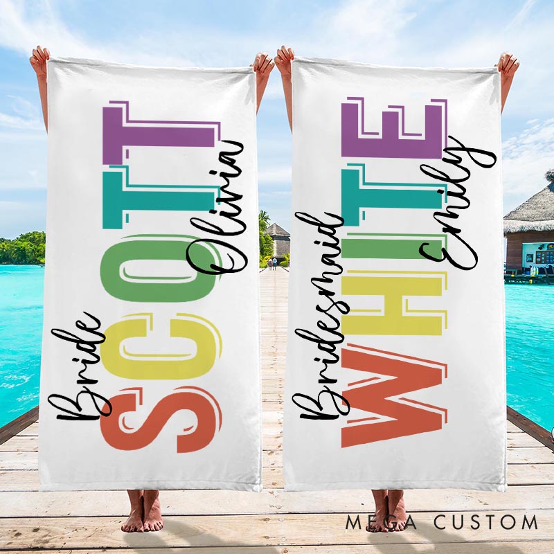 Personalized Bridesmaid Colorful Beach Towel Bride Name Beach Towel Bachelorette Party Gift