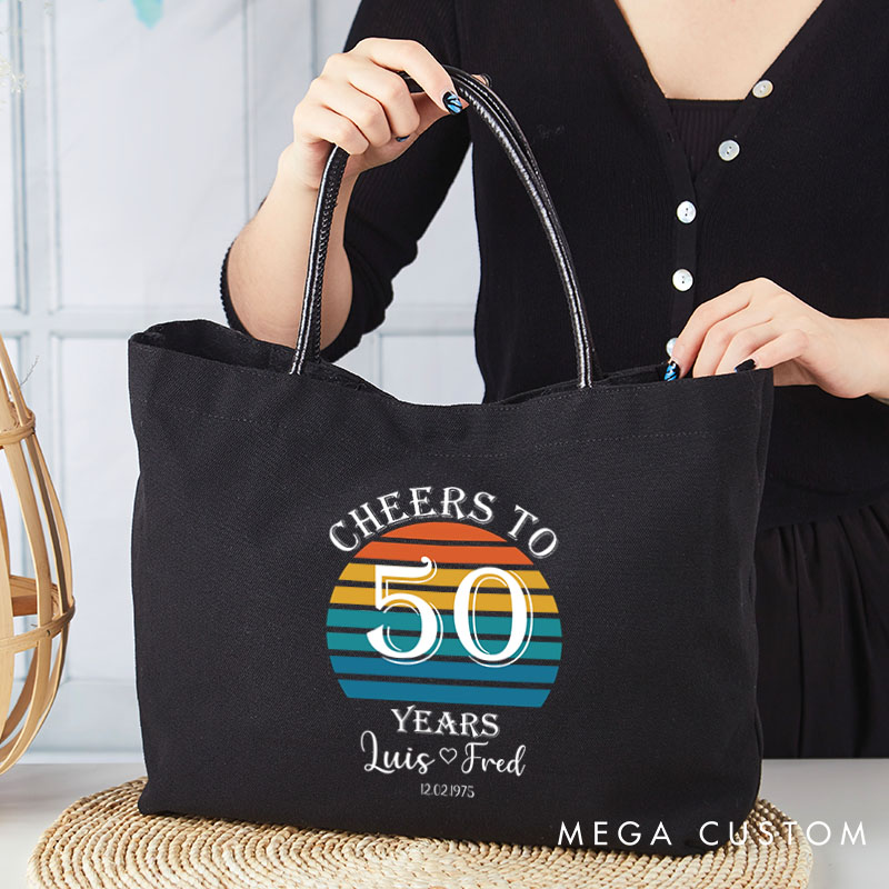 Personalized 50th Anniversary Handbag for Couple Large Capacity Anniversary Gift Simple Leather-Rope Canvas Bag