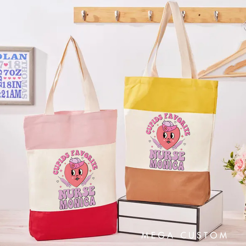 Personalized Nurse Tri Color Canvas Tote Bag Custom Cupid's Favorite Nurse Design Tote Bag Nurse Application Week Gift