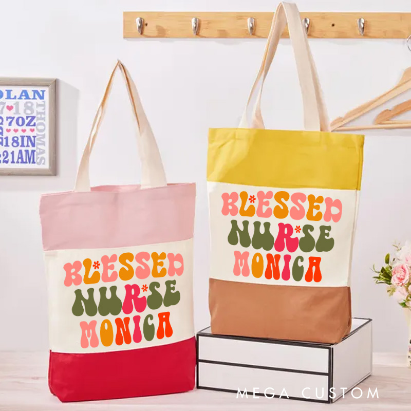 Personalized Nurse Tri Color Canvas Tote Bag Custom Blessed Nurse Design Tote Bag Nurse Application Week Gift