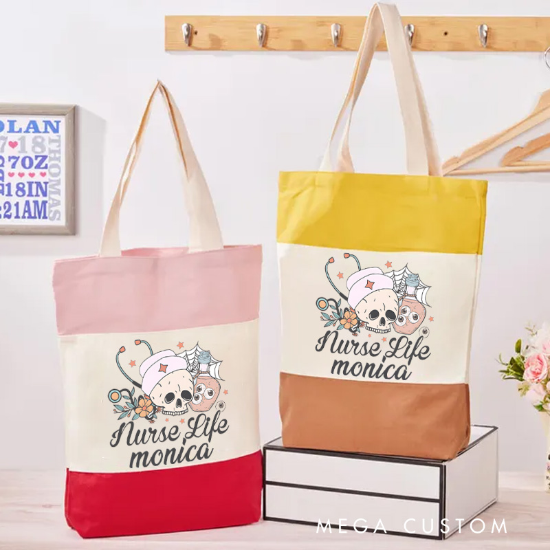 Personalized Nurse Tri Color Canvas Tote Bag Custom Nurse Life Design Tote Bag Nurse Application Week Gift