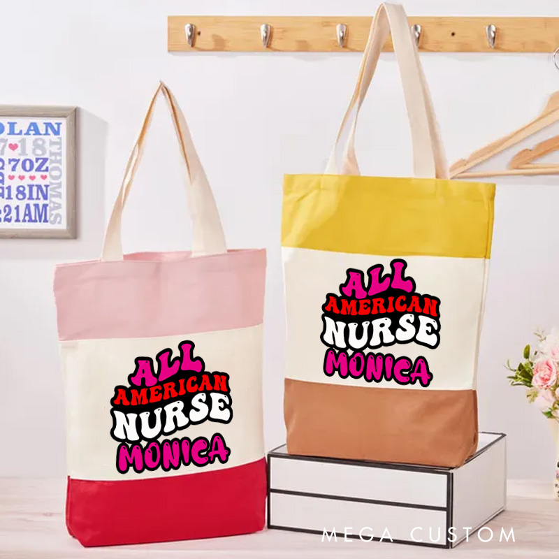 Personalized Nurse Tri Color Canvas Tote Bag Custom All American Nurse Design Tote Bag Nurse Application Week Gift