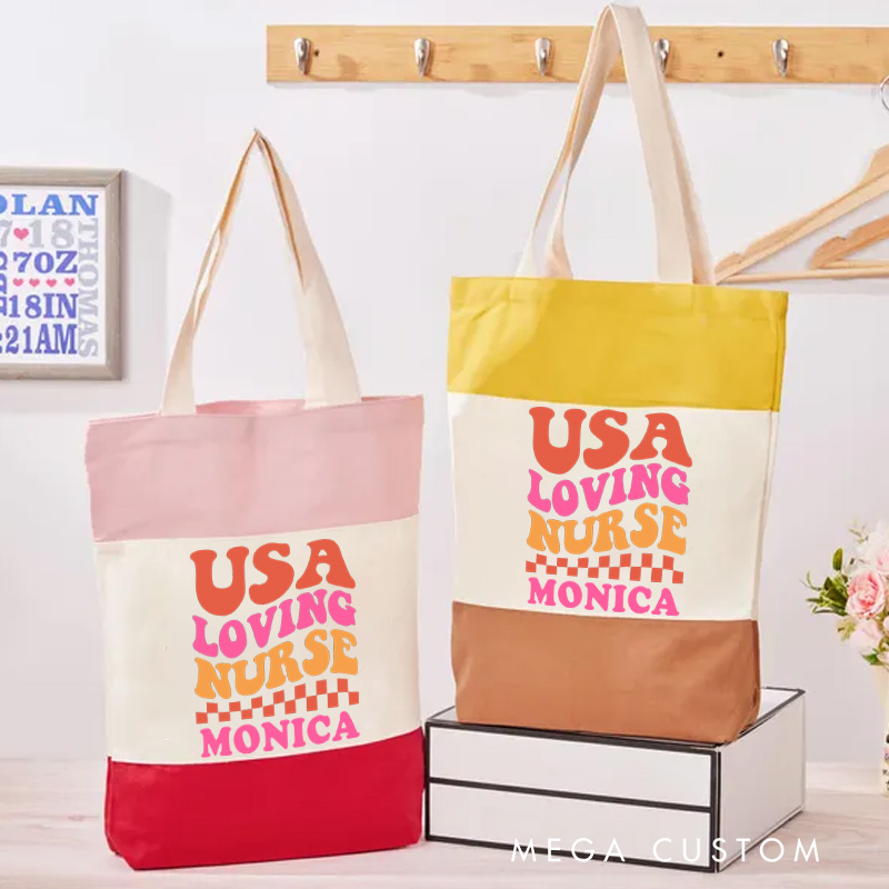 Personalized Nurse Tri Color Canvas Tote Bag Custom USA Loving Nurse Design Tote Bag Nurse Application Week Gift