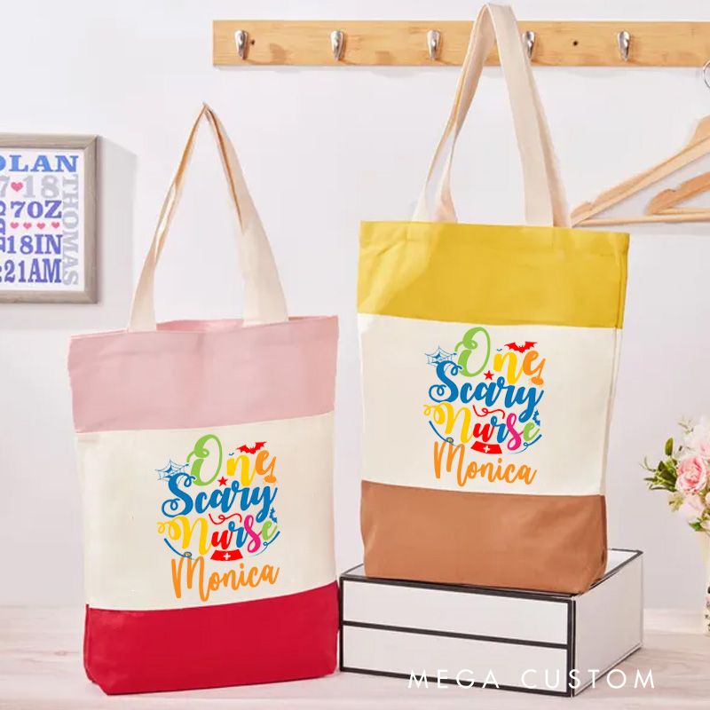 Personalized Nurse Tri Color Canvas Tote Bag Custom One Scary Nurse Design Tote Bag Nurse Application Week Gift