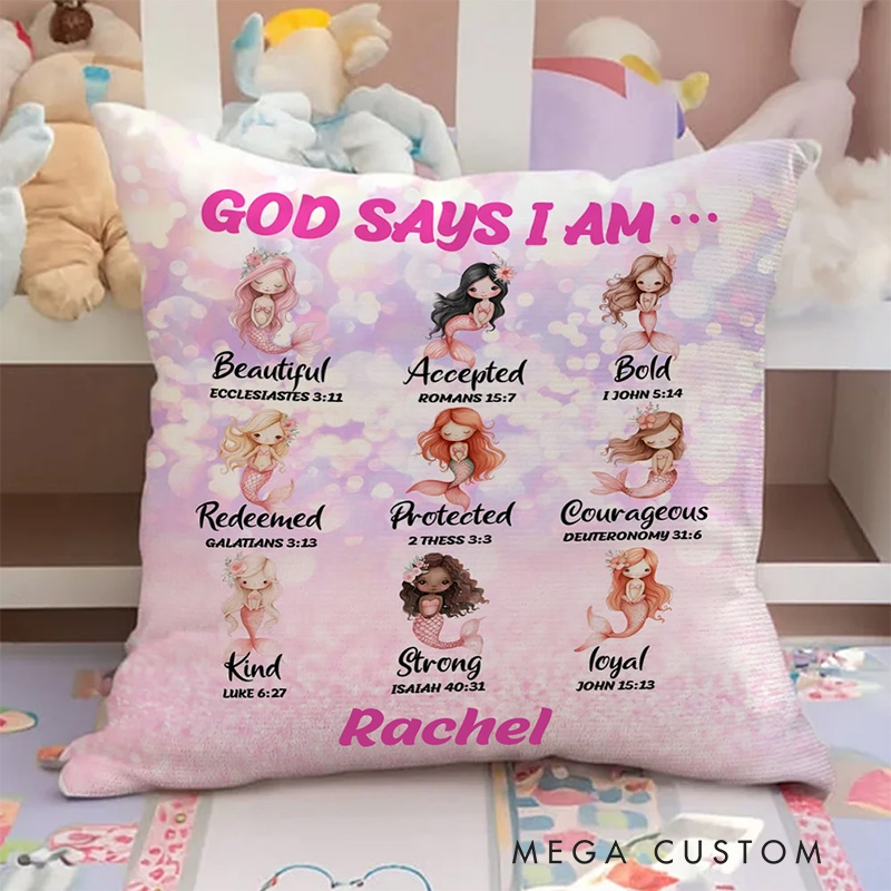 Personalized God Says I Am Colorful Mermaid Throw Pillow with Name and Bible Verse Home Decor Birthday Gift for Girls