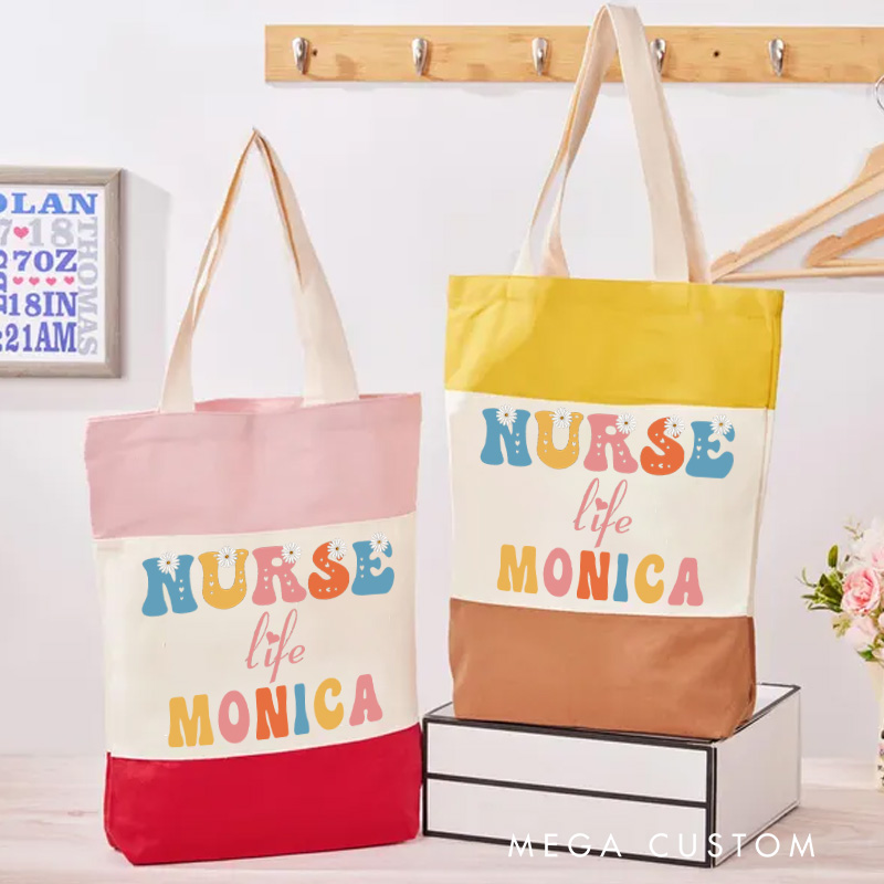 Personalized Nurse Tri Color Canvas Tote Bag Custom Nurse Life Design Tote Bag Nurse Application Week Gift