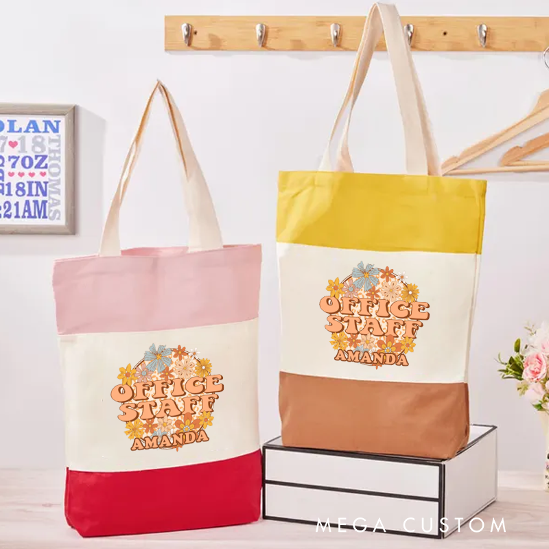 Personalized Office Staff Color Canvas Tote Bag Floral Design Custom Name Gift for Office Coworker