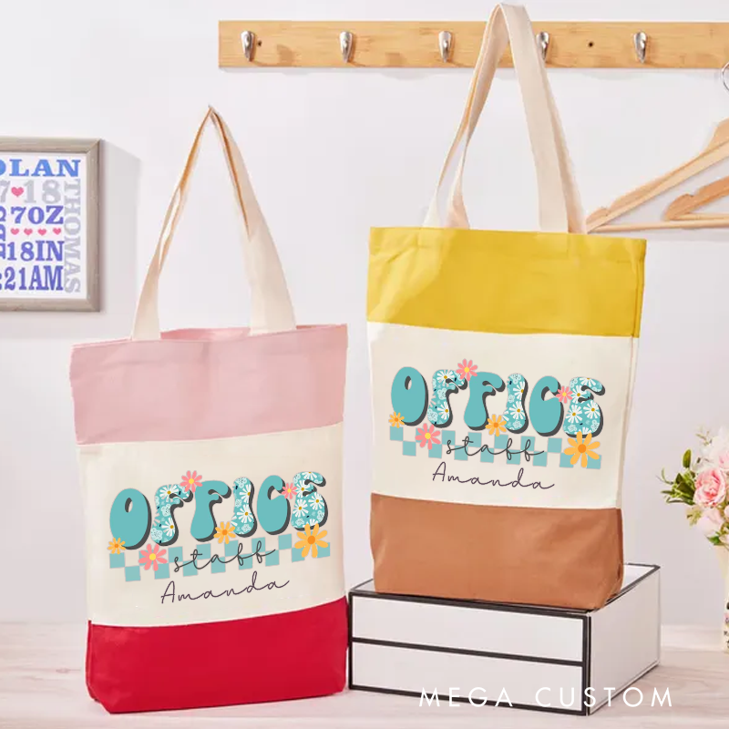 Personalized Office Staff Color Canvas Tote Bag Floral Typography Design Appreciation Gift for Coworker or Employee