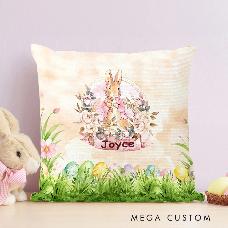 Personalized Floral Cross Rabbit Eggs Soft Throw Pillow with Name Home Decor Easter Gift Birthday Gift for Kids 