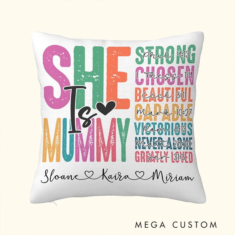 Personalized Colorful Letter She Is Mummy Bible Verse Throw Pillow with Nickname Mother's Day Birthday Gift Religious Gift for Mother Grandmother