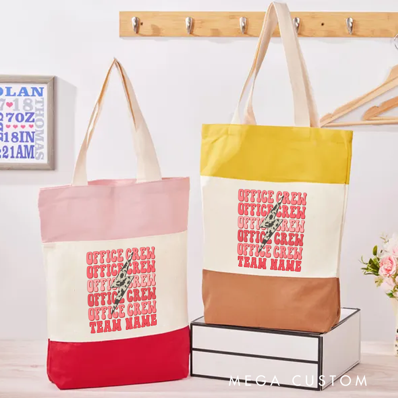 Personalized Office Crew Color Canvas Tote Bag Repeating Text Design Appreciation Gift for Coworker or Employee