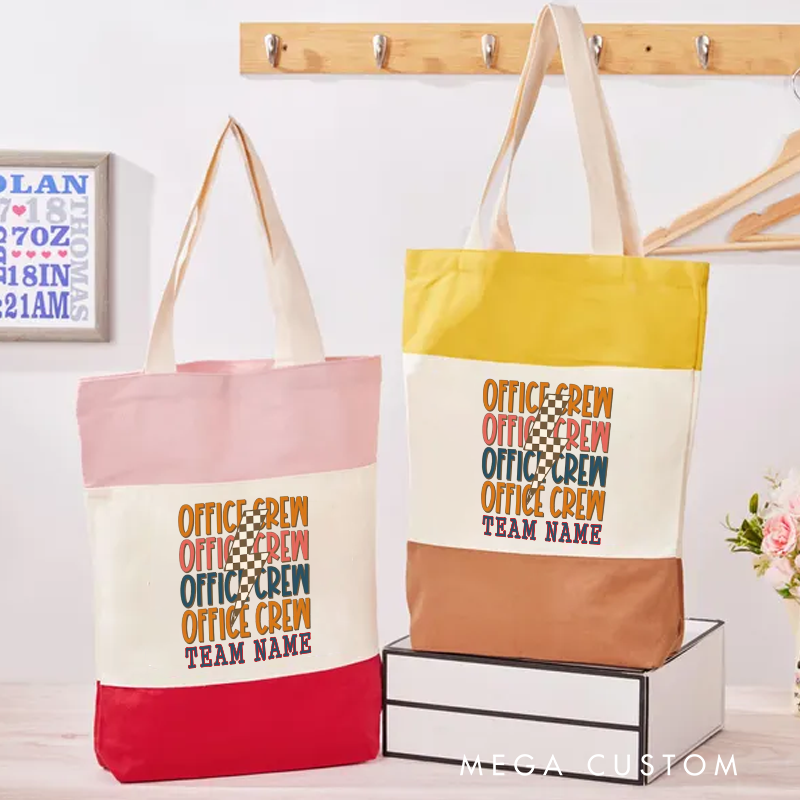 Personalized Office Crew Color Canvas Tote Bag Bold Repeating Text with Checkered Design Appreciation Gift for Coworker or Employee