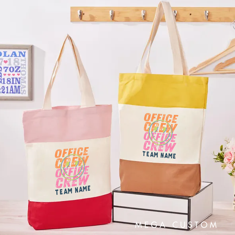 Personalized Office Crew Color Canvas Tote Bag Vibrant Repeating Text Design Appreciation Gift for Coworker or Employee