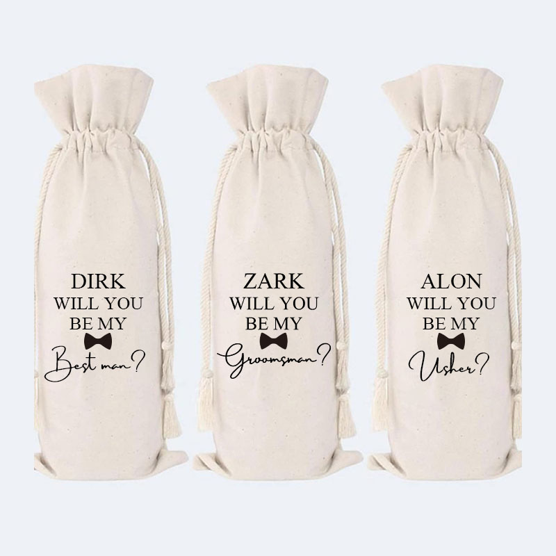 Personalised Groom Wine Bottle Bag Luxury Cotton Drawstring Bags Wedding Wine Tote Bag Gift for Him