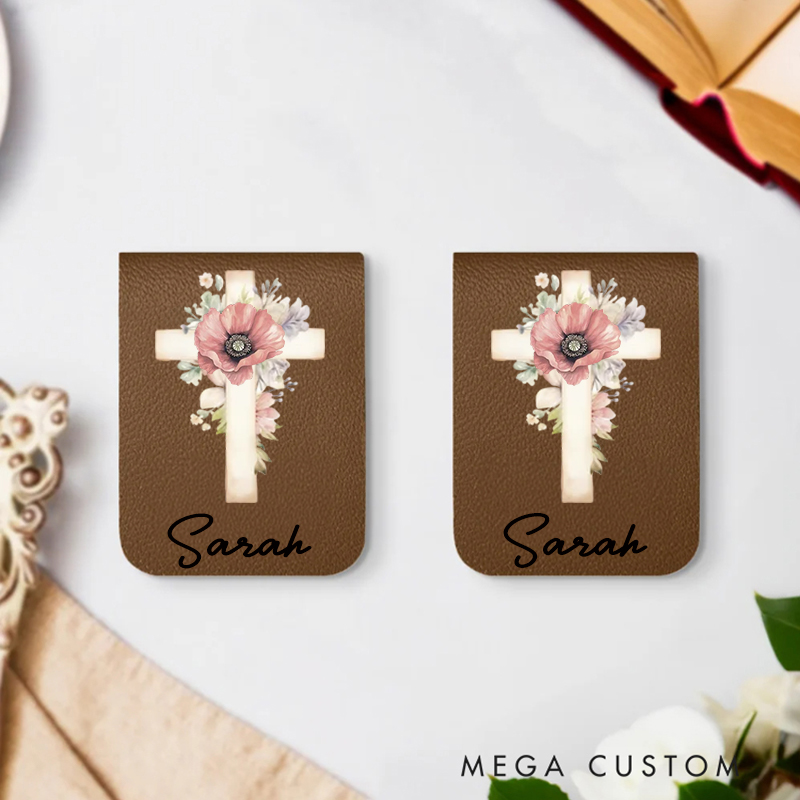 Personalized Watercolor Cross 1-5 Birth Flowers Magnetic Leather Bookmark Clip with Name Birthday Gift for Bible Reader Book Lover Christian