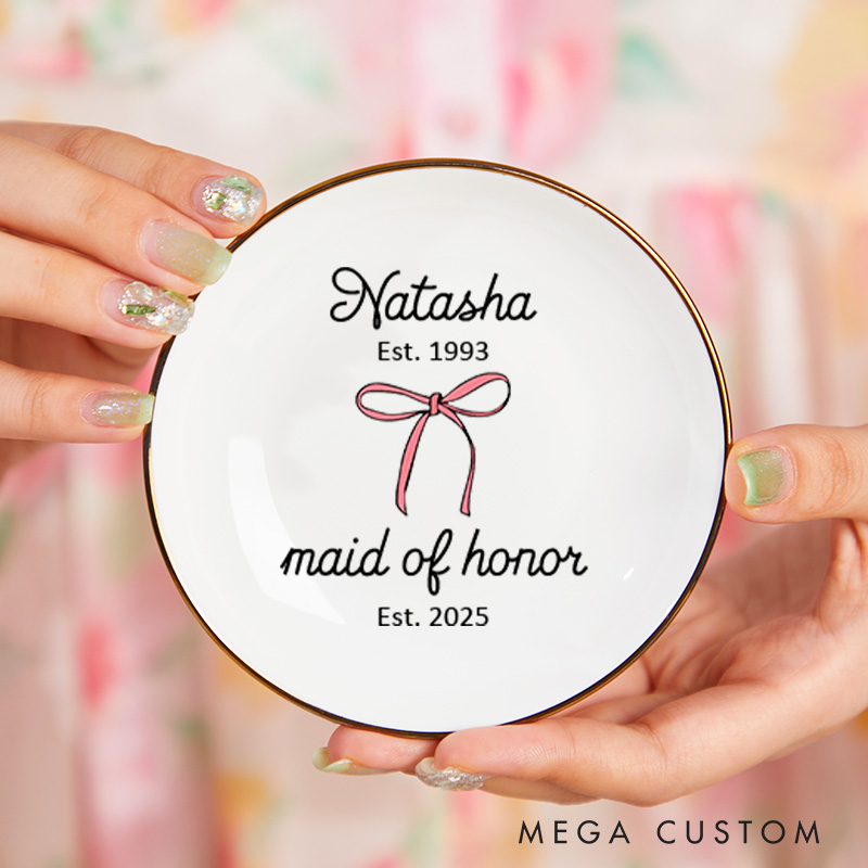 Personalized Maid of Honor Bow Year Established Ring Dish Bride Wedding Keepsake Bridesmaid Proposal