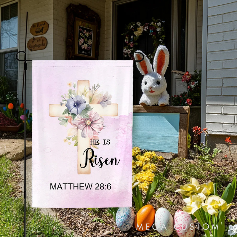 Personalized He is Risen Watercolor Cross 1-5 Birth Flowers Garden Flag with Text Yard Porch Decor Easter Holiday Religious Gift for Family Christian