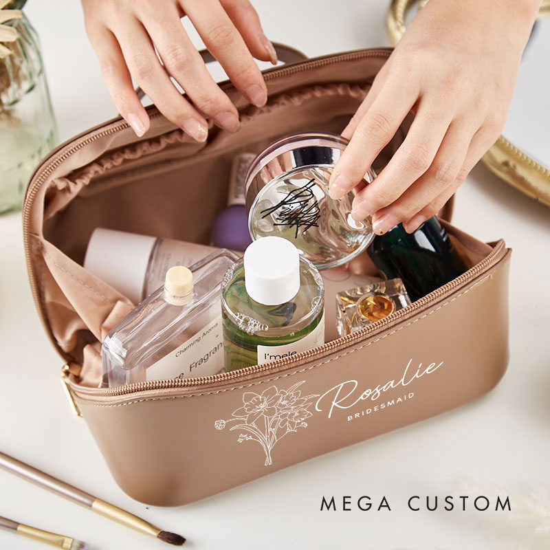 Personalized Bridesmaid Birth Flower Makeup Bag Bride Moth Wildflower Cosmetic Bag Wedding Flower Toiletry Pouch