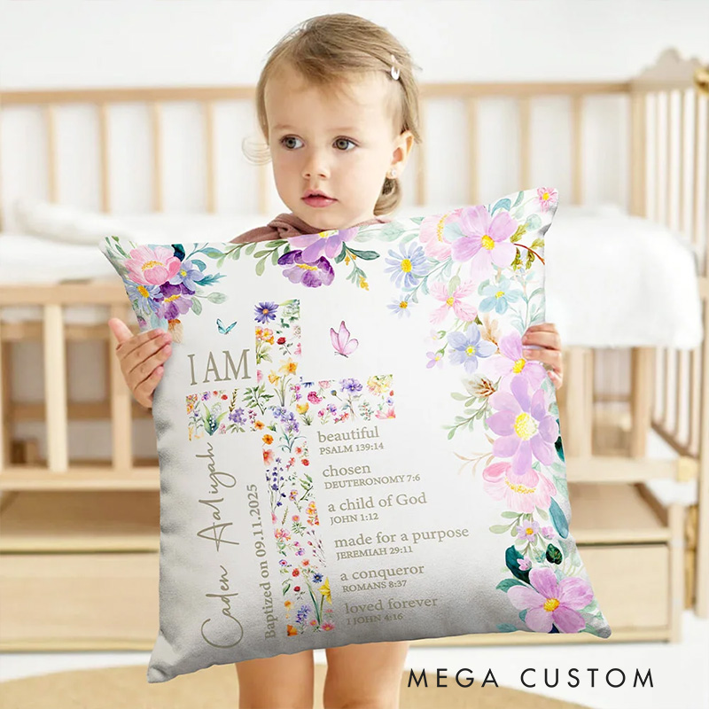 Personalized Floral Cross Bible Scripture Throw Pillow with Name The First Baptism Communion Confirmation Gift for Girls