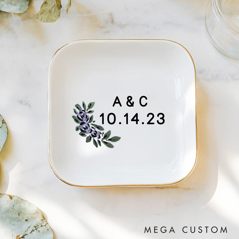 Personalized Elegant Watercolor Purple Floral with Initials Wedding Engagement Gold-Trimmed Ring Dishes