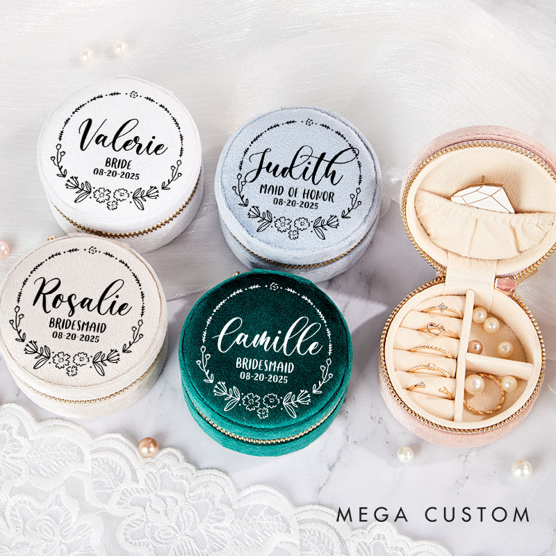 Personalized Bridesmaid Wreath Jewelry Box Bride Round Velvet Jewelry Box for Her Wedding Bachelorette Party Gift