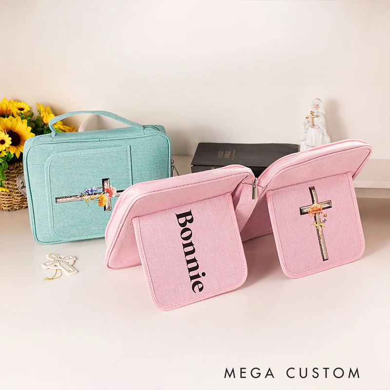 Personalized Birth Flower Cross Bible Cover Carrying Case with Name Pen Slot and Holder Birthday Christmas Gift for Christians