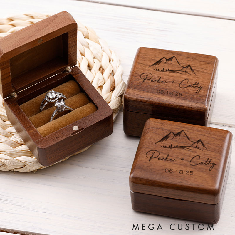 Personalized Mountain Peaks Couple Engagement Wedding Engraved Walnut Ring Box