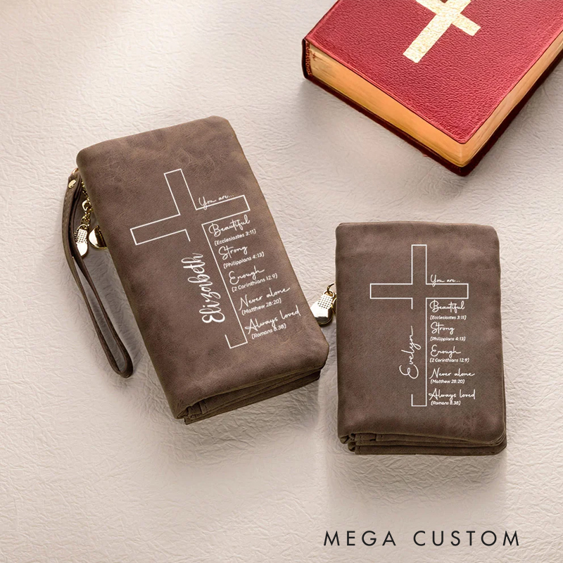 Personalized Cross Bible Verse Wristlet Tri-fold Leather Wallet with Name and Card Slots Birthday Baptism Gift for Christians Women