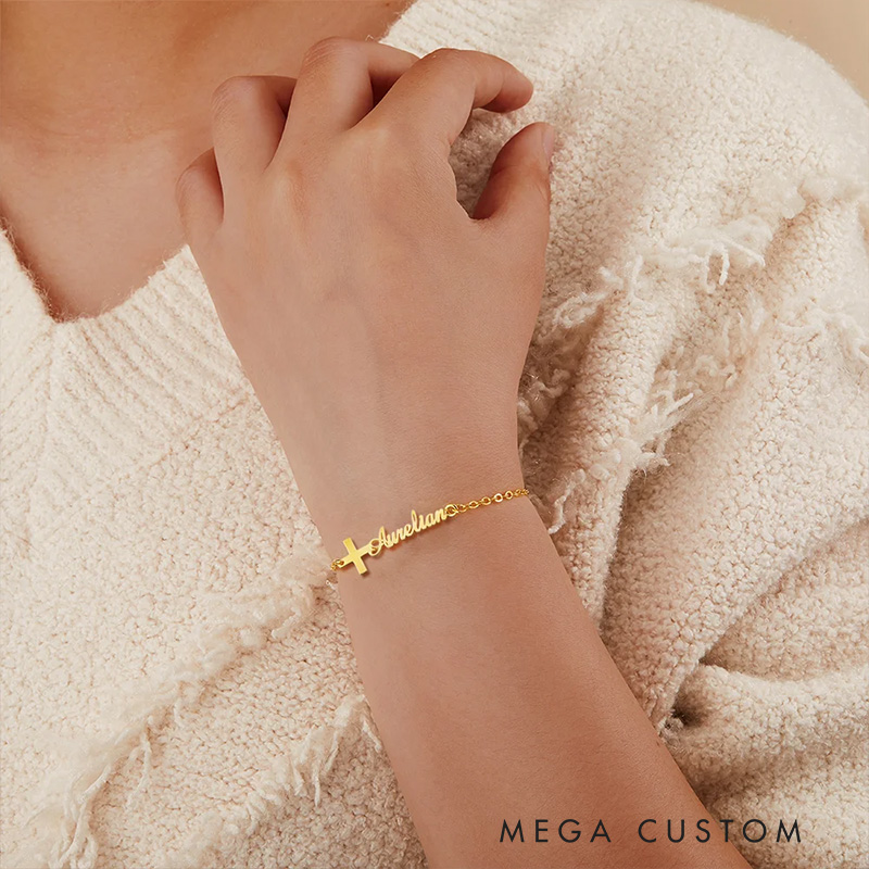 Personalized Cross Bracelet with Name Birthday Gift Christening Gift Religious Gift for Her