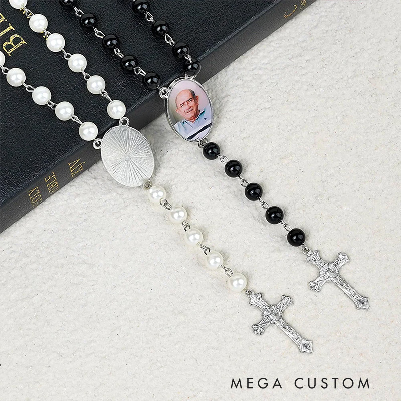 Personalized Multi-Color Rosary Beads Necklace with Photo Cross Pendant Memorial Gift for Women Catholic Rosary Necklace Loss Gifts