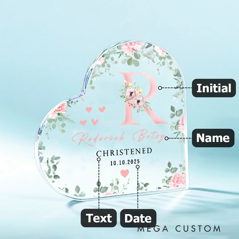 Personalized Floral Initial Heart-Shaped Acrylic Plaque with Name and Text Baptism Birthday Gift for Christian