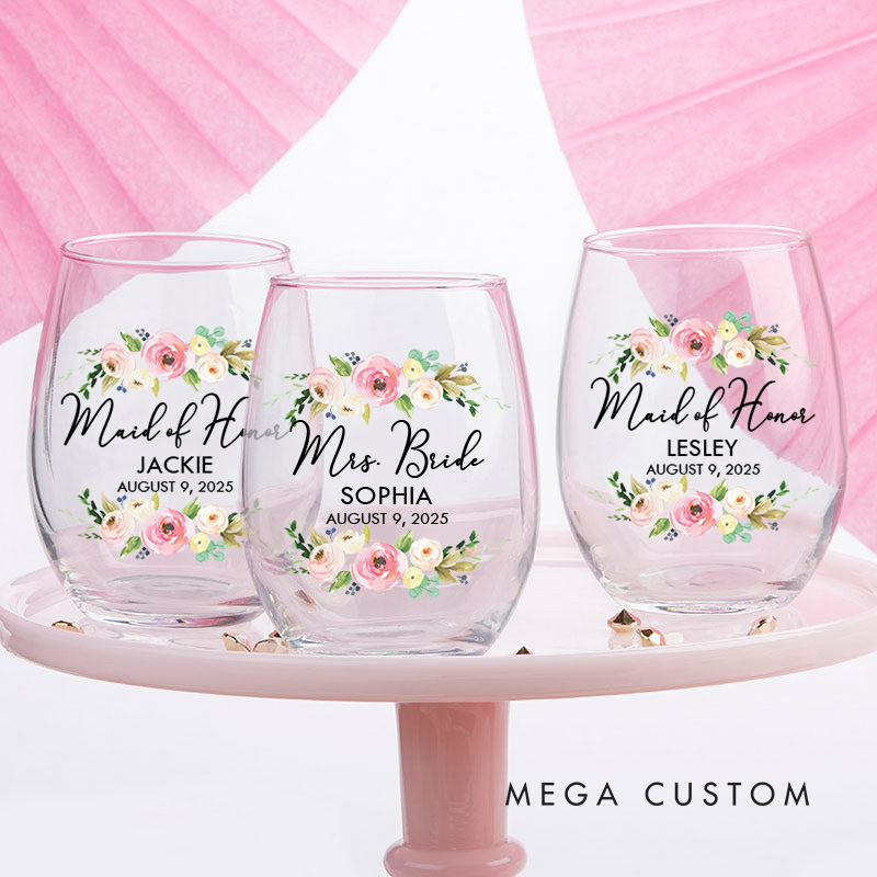 Personalized Maid of Honor Floral Wine Glasses Bride Wedding Wine Glasses Tumbler Bachelorette Party Gift