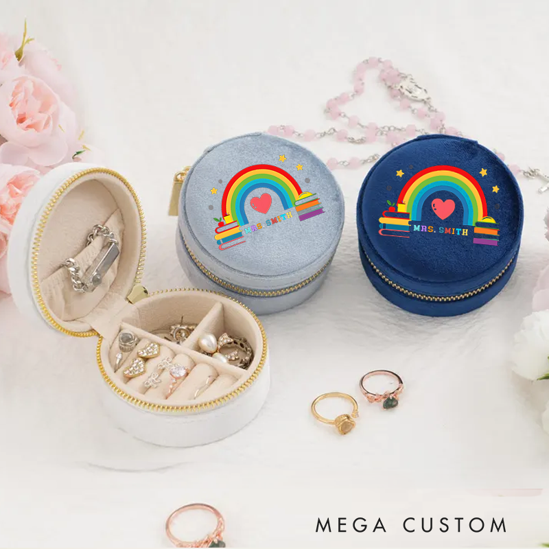 Personalized Velvet Jewelry Box for Teacher Rainbow and Books Round Jewelry Box Gift Teacher Appreciation Gift