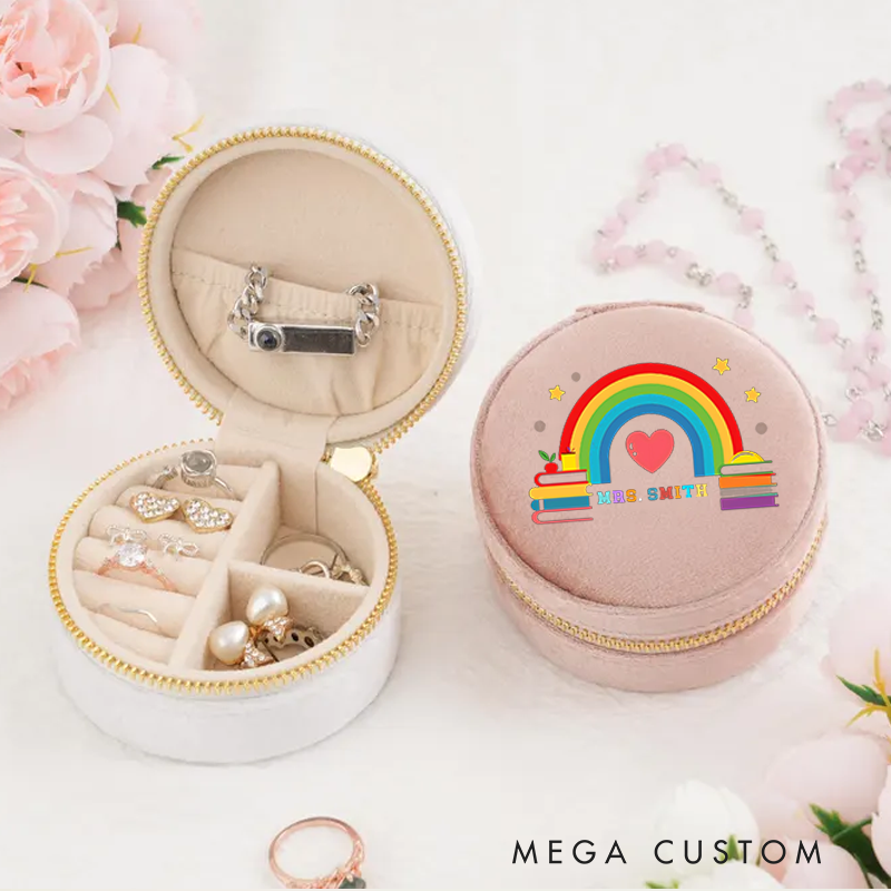 Personalized Velvet Jewelry Box for Teacher Rainbow and Books Round Jewelry Box Gift Teacher Appreciation Gift