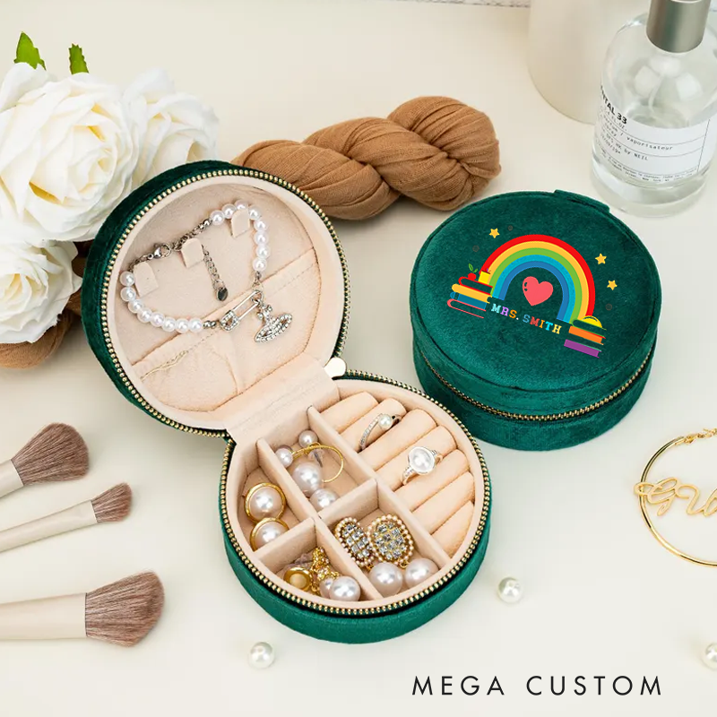 Personalized Velvet Jewelry Box for Teacher Rainbow and Books Round Jewelry Box Gift Teacher Appreciation Gift