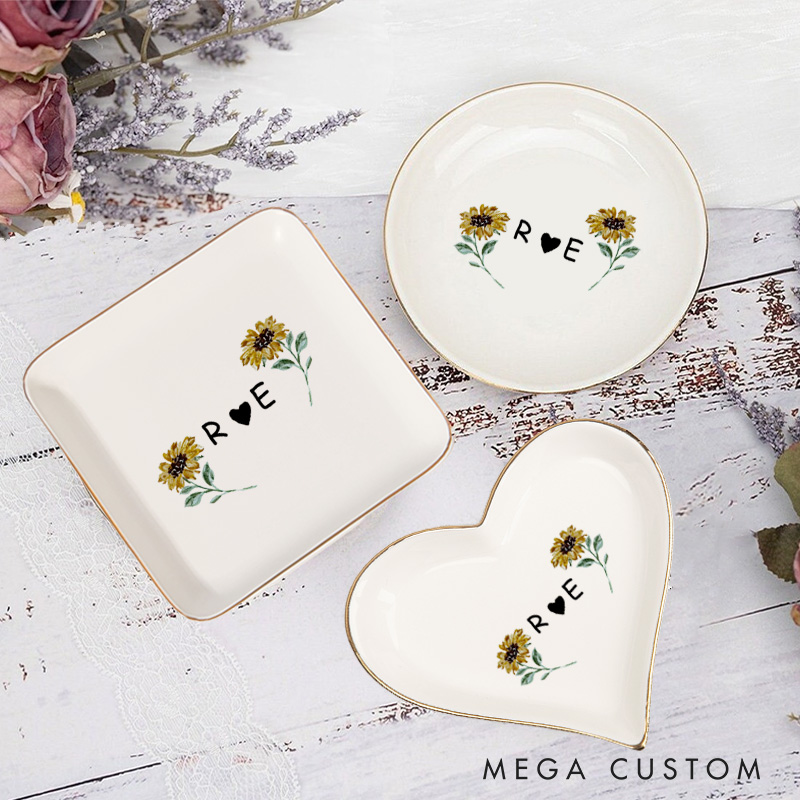 Personalized Cheerful Watercolor Sunflowers with Initials and Heart Wedding Engagement Gold-Trimmed Ring Dishes
