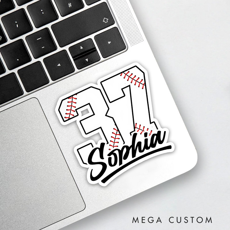 Personalized Baseball Sticker with Bold Number and Custom Name Design